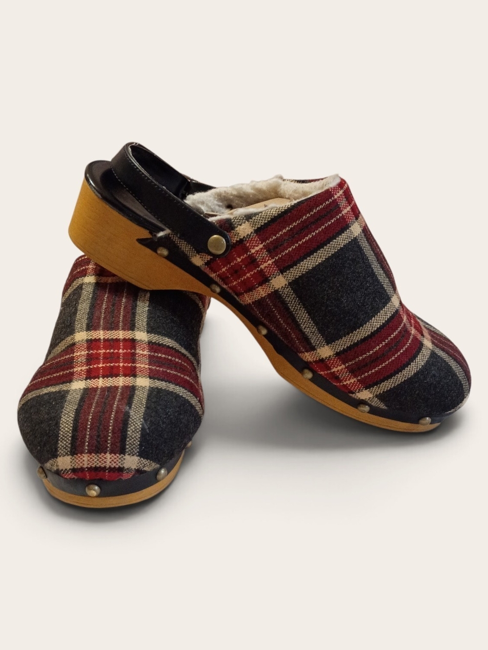 Lands' End Red & Black Plaid Wool-Lined Clogs